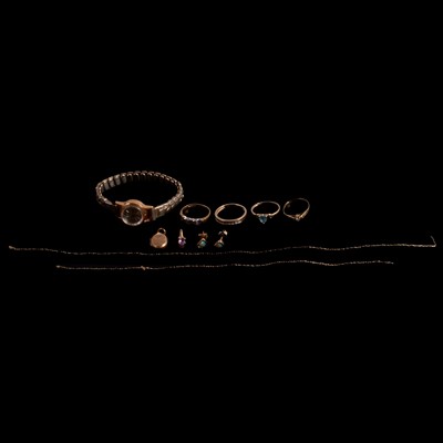 Lot 1125 - Gemset rings, earstuds, pendants, brooches, chain, and wristwatch.