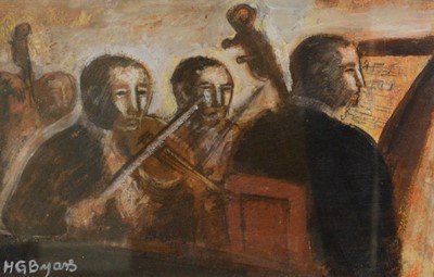 Lot 318 - Hugh Gerard Byars (Scottish, b. 1957), Figures in an Orchestra, a pair
