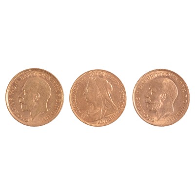 Lot 319 - Three Gold Half-Sovereign Coins, Victoria 1898, George V 1912, and George V 1914 Sydney Mint.