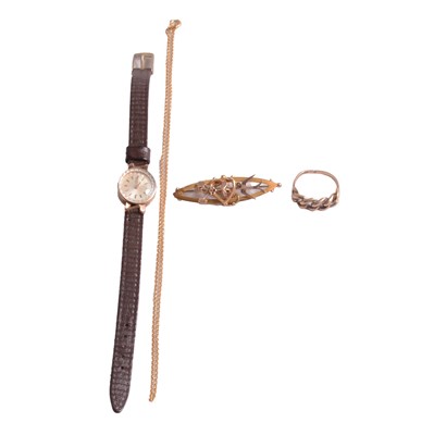 Lot 1129 - A gold ring, yellow metal brooch, yellow metal chain necklace, and a lady's gold-plated wristwatch.