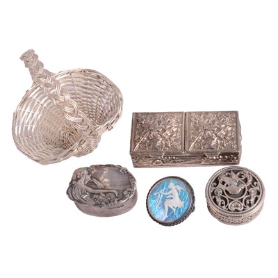 Lot 332 - Silver-backed brooch, a small silver Art Nouveau pill box, etc