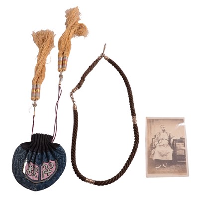 Lot 1159 - A Chinese embroidered purse, photograph of Li Hung-Chang, and hair Albert watch chain.