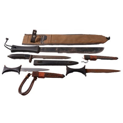 Lot 117 - Machete, various bayonets and knives.