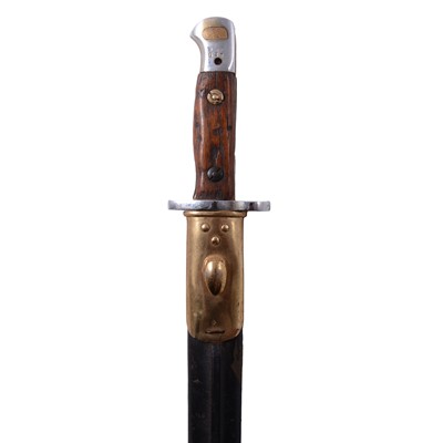 Lot 168 - 1907 Pattern bayonet, wooden grip, part leather scabbard