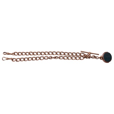 Lot 491 - A 9 carat rose gold double Albert watch chain with fob.