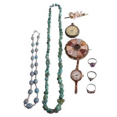 Lot 1264 - A specimen agate brooch, cultured pearl brooch, necklace, other jewellery, and gold wristwatch.
