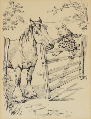 Lot 254 - A E Kennedy, six monochrome pen and ink illustrations for Sam Pig goes to the seaside