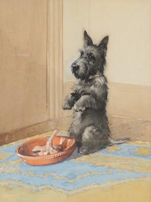 Lot 247 - A E Kennedy, Black terrier with an empty bowl