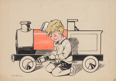Lot 346 - A E Kennedy, Boy with a toy train, Buckingham Palace and Cottage