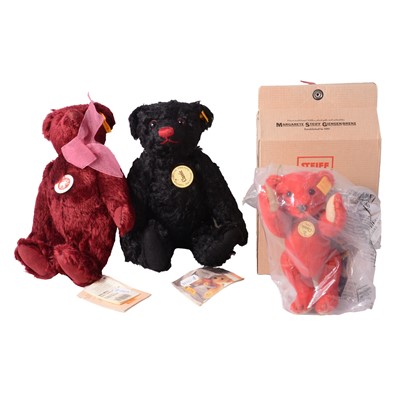Lot 194A - Three Steiff 'Classic' teddy bears - Black Mohair, Burgundy, and Red; one with original box