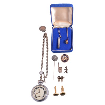 Lot 1272 - Football interest - a referee's open face pocket watch, silver Albert watch chain, and other items.