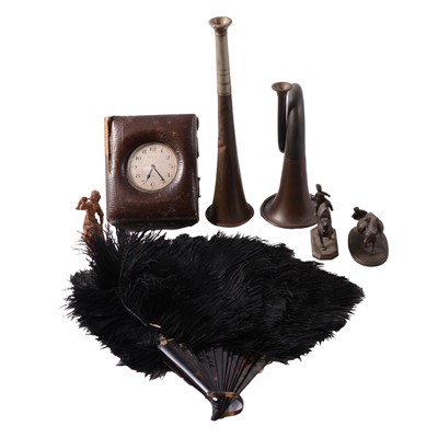Lot 122 - Small box of miscellany including Indian animalia, fans, pocket watch, etc