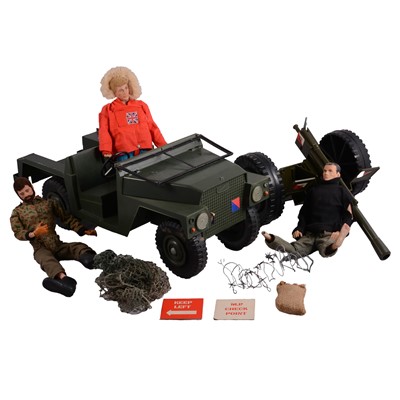 Lot 187 - Palitoy, Action Man, three action figures, accessories, and military vehicles