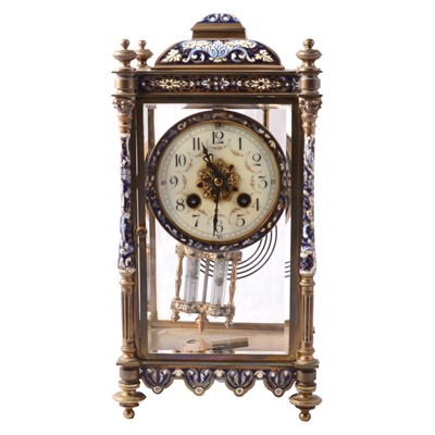 Lot 95 - French brass and champleve enamel 'four glass' mantel clock