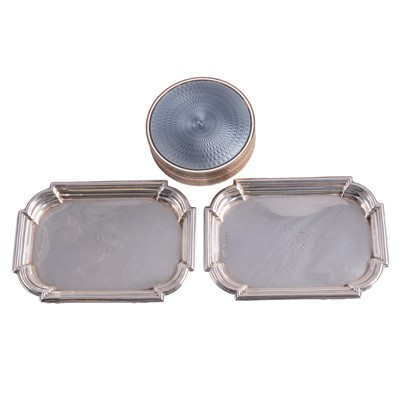 Lot 229 - Silver and enamelled trinket pot and two silver pin trays