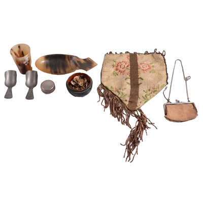 Lot 581 - A papier mache pot with cufflinks, small silver pot, horn beaker and scoop, and other items.