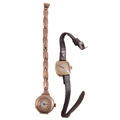 Lot 1102 - Two ladies' gold manual wind wristwatches.