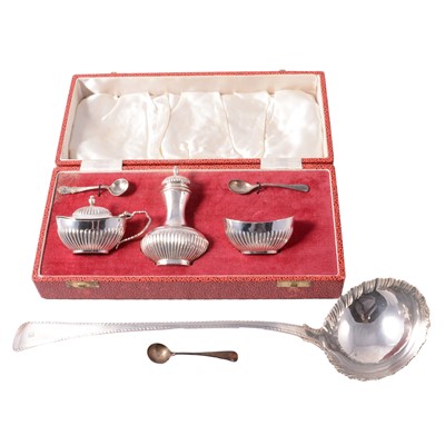 Lot 223 - Silver three piece cruet, boxed and a Georgian silver ladle
