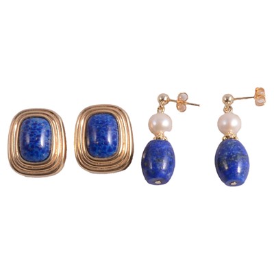 Lot 1191 - Christian Dior - a pair of faux lapis earclips, and another pair of lapis lazuli gem drop earrings.