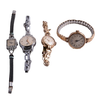 Lot 1104 - Two vintage ladies' 9 carat gold manual wind wristwatches, and two metal wristwatches.