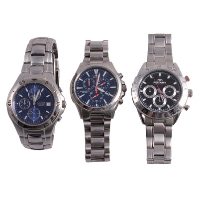 Lot 1081 - Three gentlemen's stainless steel wristwatches, Citizen, Rotary.