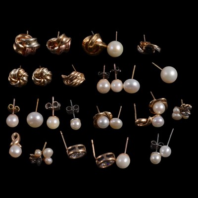 Lot 447 - A collection of pearl and yellow metal earrings.