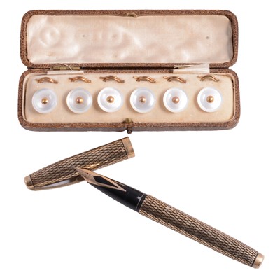 Lot 1215 - A set of mother-of-pearl and yellow metal buttons, and Sheaffer - a gold-filled fountain pen.