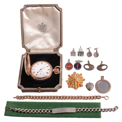 Lot 1299 - Vintage gold-plated full hunter pocket watch, gold-plated and silver bracelets, and other jewellery.