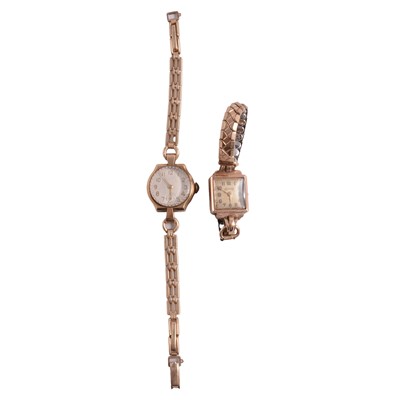 Lot 1108 - Two ladies' 9 carat yellow gold manual wind wristwatches.