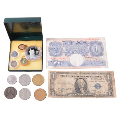 Lot 213 - Two banknote charms in gold mounts, silver proof coin, Edward IV penny, other coins and banknotes.