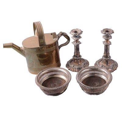 Lot 93 - Copper watering cans, brass door plates, scales, candlesticks