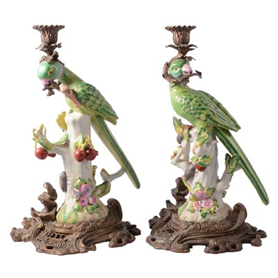 Lot 1 - Pair of decorative porcelain and gilt metal Parrot candle holders, late 20th century