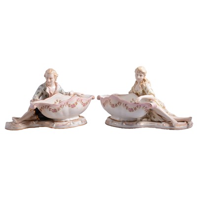 Lot 21 - Pair of German porcelain sweetmeat dishes and a similar wall mirror