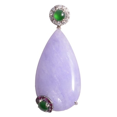 Lot 342 - A lavender jade, green jade, ruby and diamond pendant.