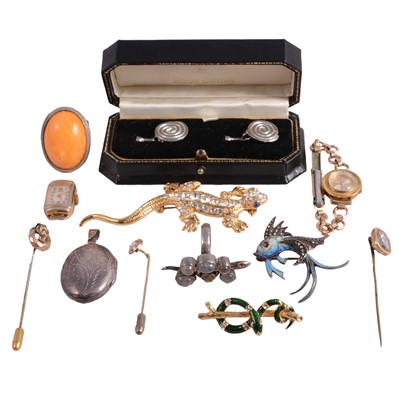 Lot 1293 - White metal and costume jewellery, stick pins, freshwater pearls, and wristwatches.