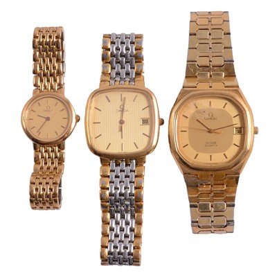 Lot 441 - Omega - three gold-plated quartz wristwatches.