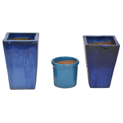 Lot 434 - Three blue glazed terracotta planters