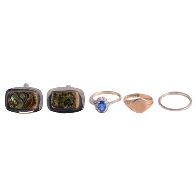 Lot 1137 - Gold signet ring, paste set ring, white metal ring, and cufflinks.
