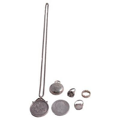 Lot 1244 - Victoria crown coin pendant, silver-plated sovereign holder, three rings, and George III crown.