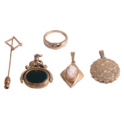 Lot 1210 - A diamond ring, gold stick pin, metal lockets, and carved shell cameo pendant.