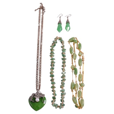 Lot 520 - Green hardstone and cultured pearl pendant on a chain, pair of earrings, and two other necklaces.