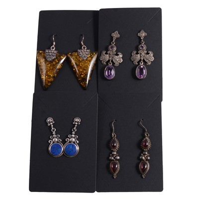 Lot 460 - Four pairs of gemset white metal earrings for pierced ears.