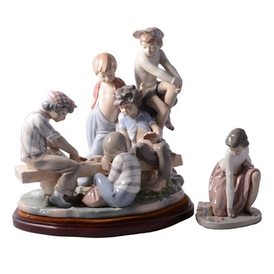Lot 60 - Nao, 'Boys Playing Cards' a large porcelain group, and 'Girl playing Marbles'