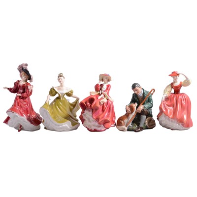 Lot 18 - Seven Royal Doulton figures and a Continental porcelain figure
