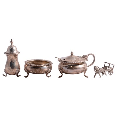 Lot 265 - Three assorted silver condiments, and a white metal horse and cart