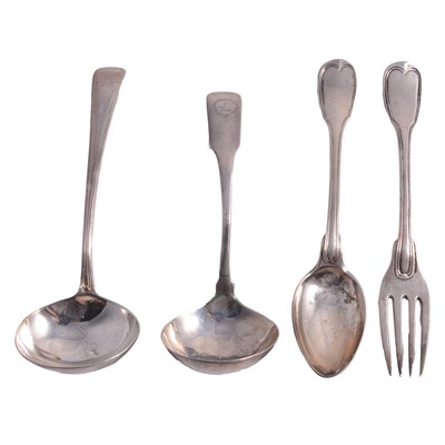 Lot 264 - Two Georgian silver ladles, and a French fork and spoon set