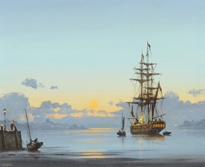 Lot 297 - Les Spence 'Jason', ship at anchor in a harbour