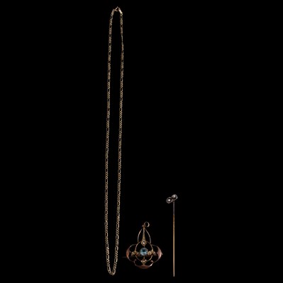 Lot 1142 - A 9 carat gold chain necklace, pearl stick pin, and Edwardian style gemset brooch.
