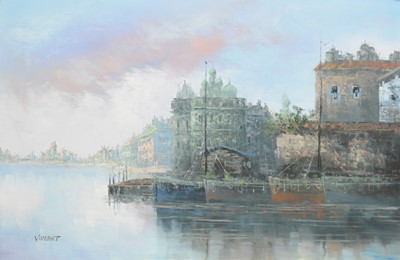 Lot 340 - Vincent, Continental river scene with moored boats