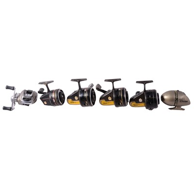 Lot 156 - Four Abu Garcia spinning fishing reels, and two other bait casting reels